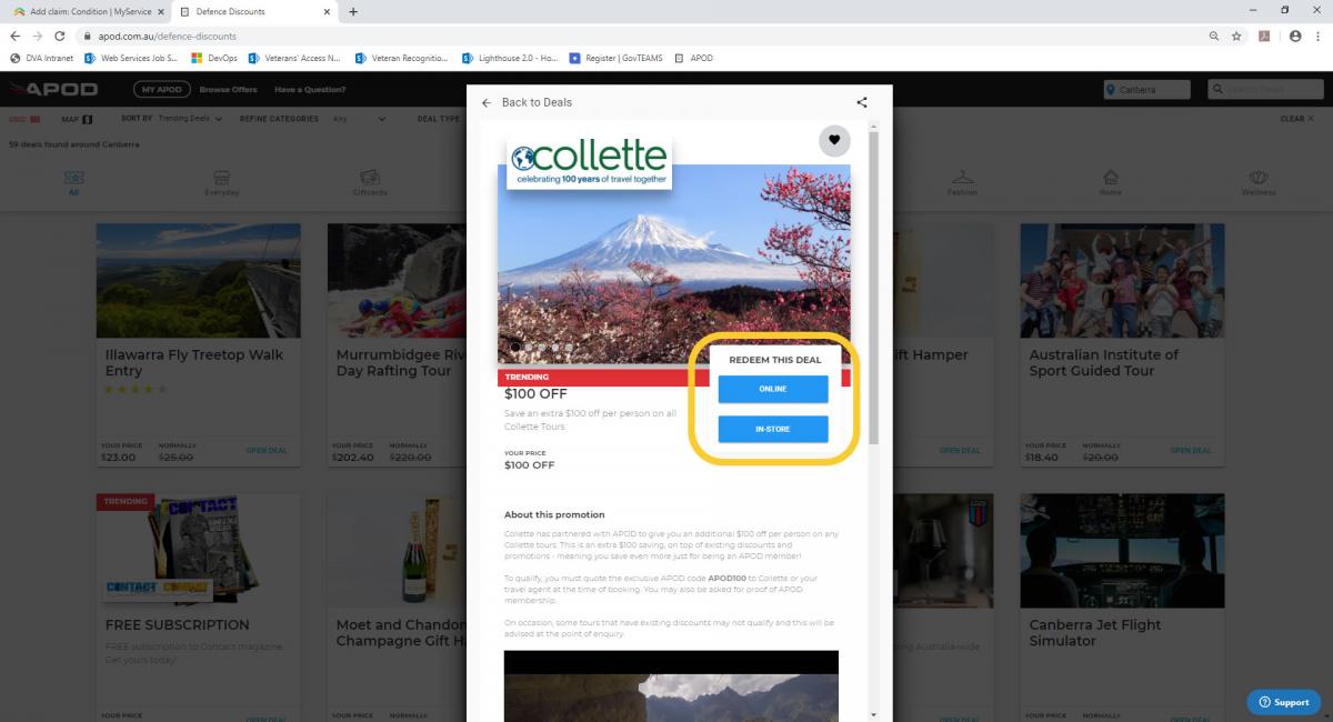 Screen shot of the APOD website showing the button to redeem a deal.